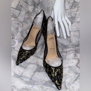 👠💄𝑳𝑶𝑼𝑩𝑶𝑼𝑻𝑰𝑵 Simply Stunning Gold Black&Red Women's Leopard Never Worn Heels!38